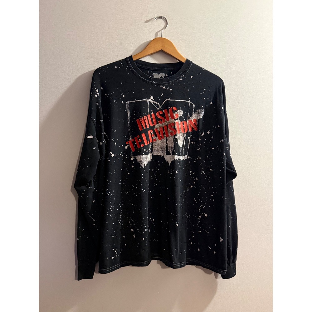MTV Music Television Mens Long Sleeve Graphic Tee Black Paint Splatter M/L